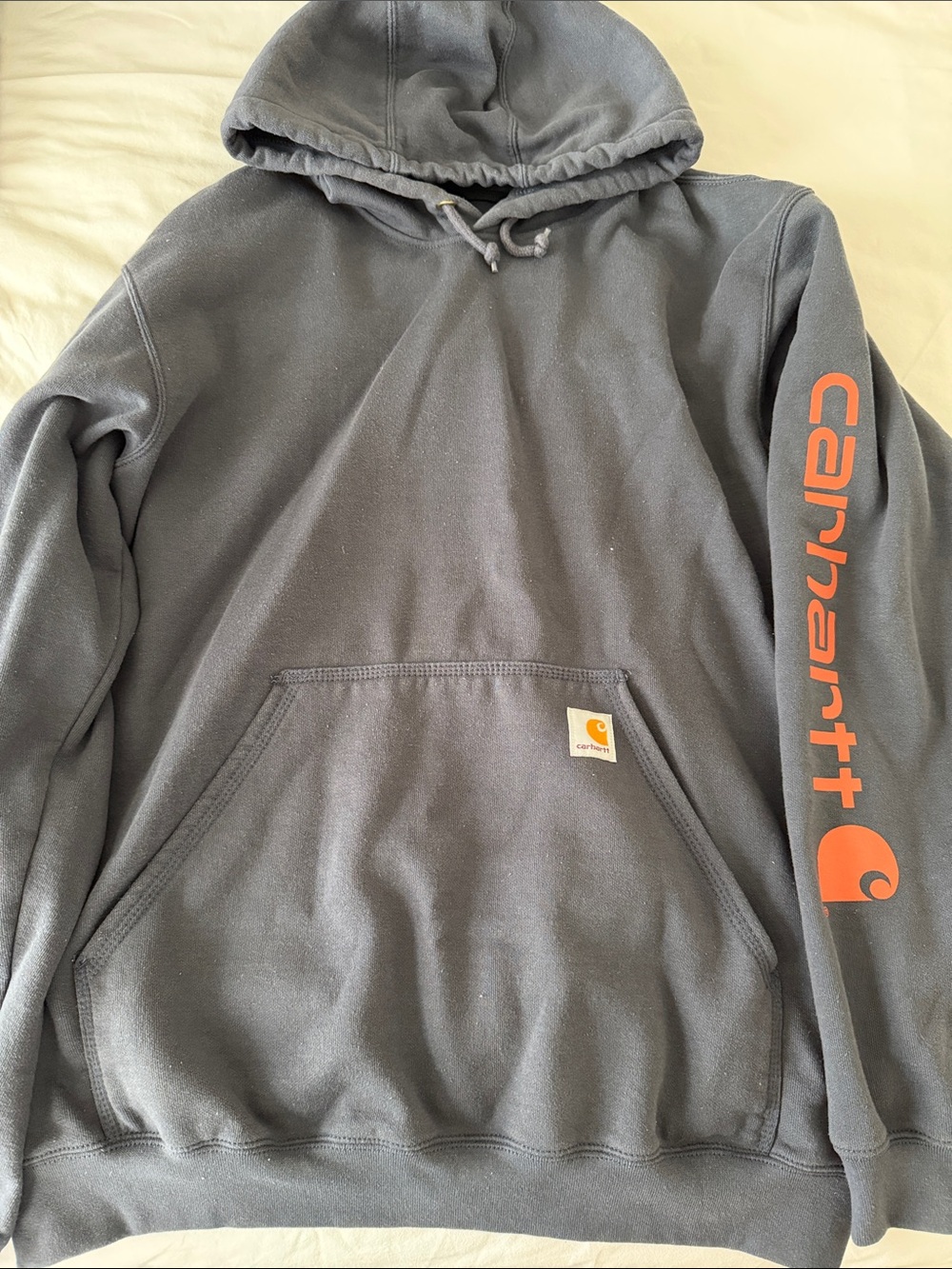 Carhartt Gray Pullover Hoodie with Orange Sleeve Script